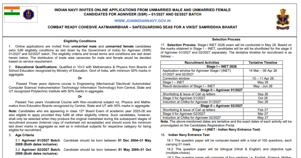Official Notice Indian Navy Agniveer SSR