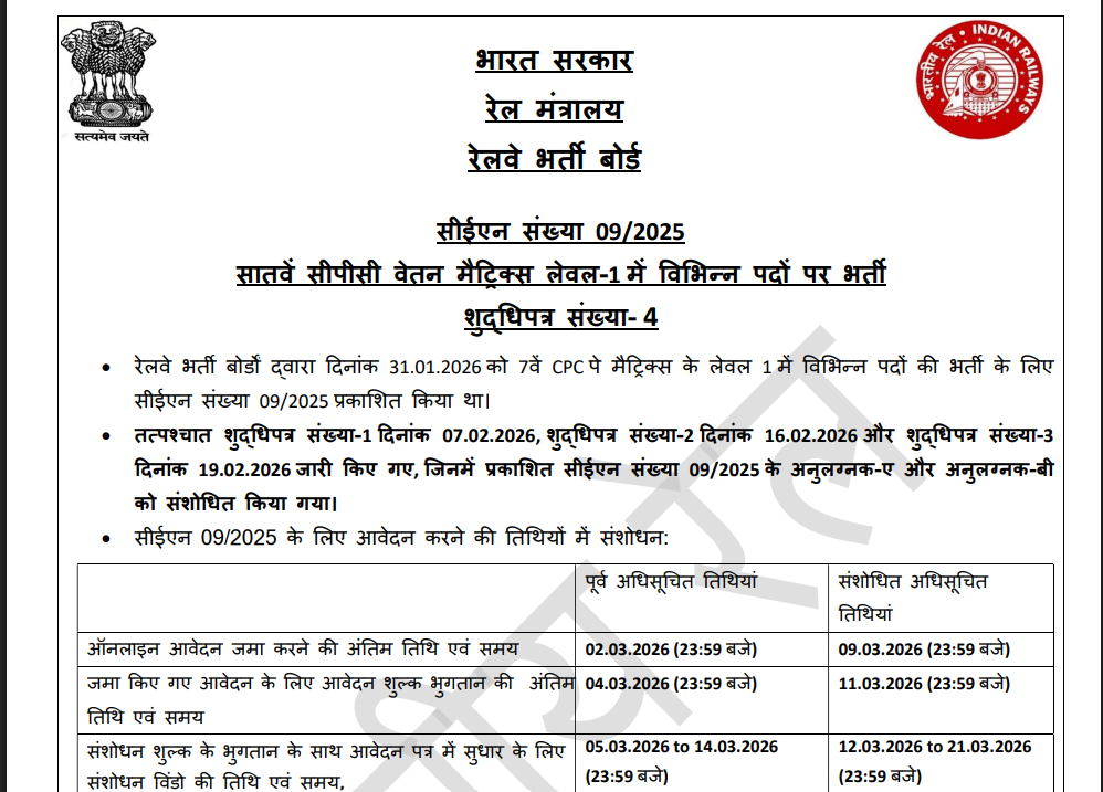 Officia RRB Group D Apply Online 2026 Notice Last Date Extend
