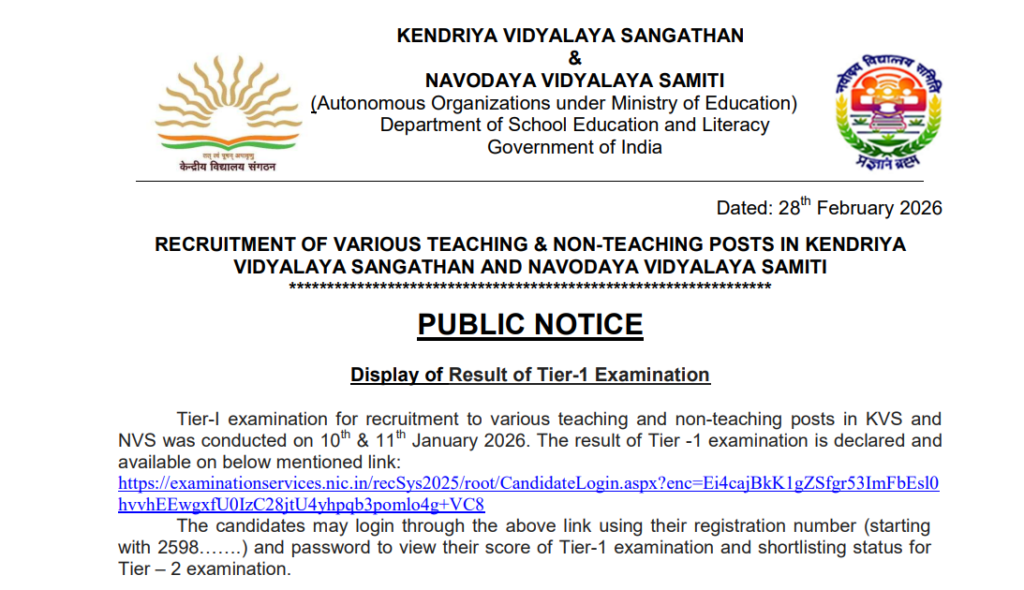 Official Notification KVS NVS Tier-II Exam Date 2026 Out