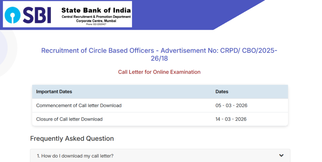 Offcial Website SBI CBO Admit Card 2026