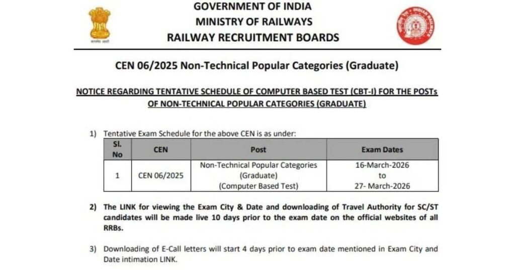 RRB NTPC Exam Date 2026