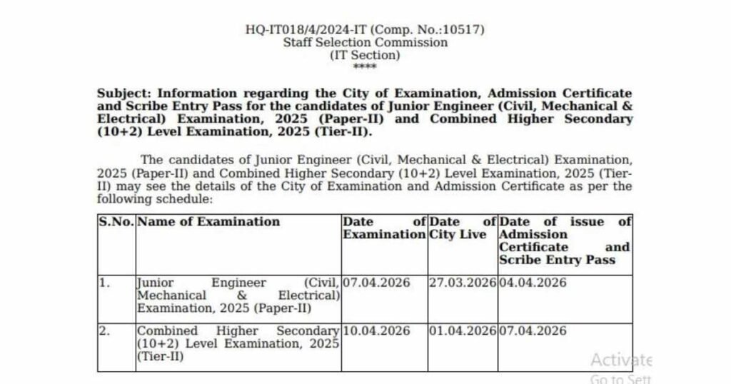 SSC JE Tier-II Exam Date Out 2026