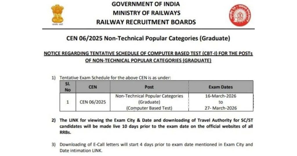 RRB NTPC Graduate Level CBT-1 Exam City 2026