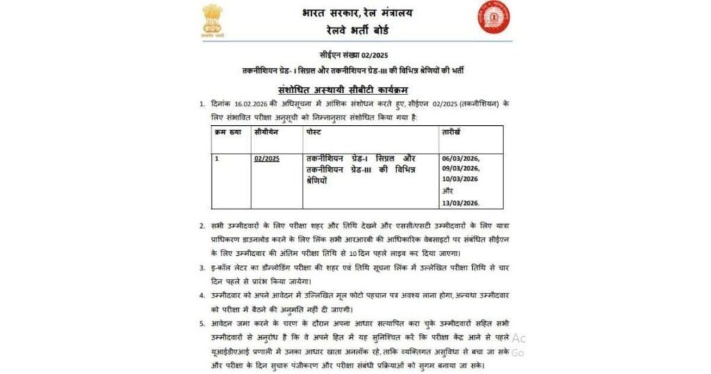 RRB Technician Admit Card 2026