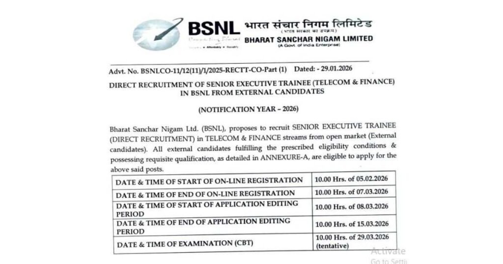 BSNL Senior Executive Trainee Recruitment 2026