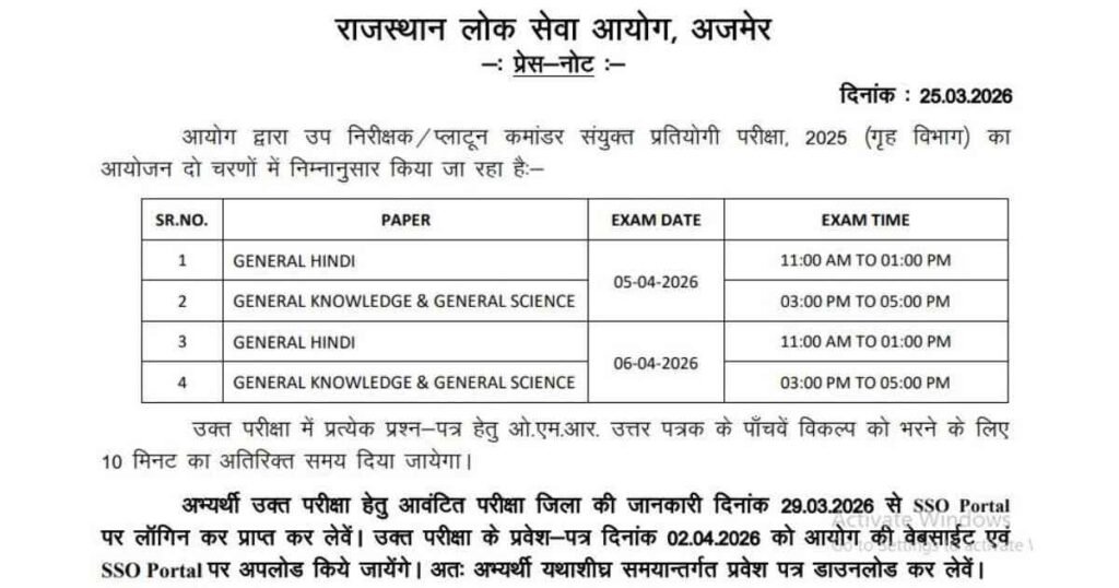 RPSC SI Exam Date Out 2026