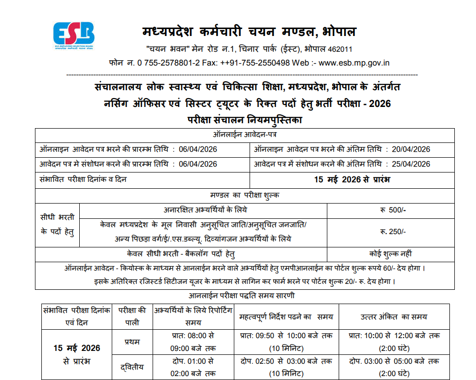 MPESB Nursing Officer & Sister Tutor Bharti 2026