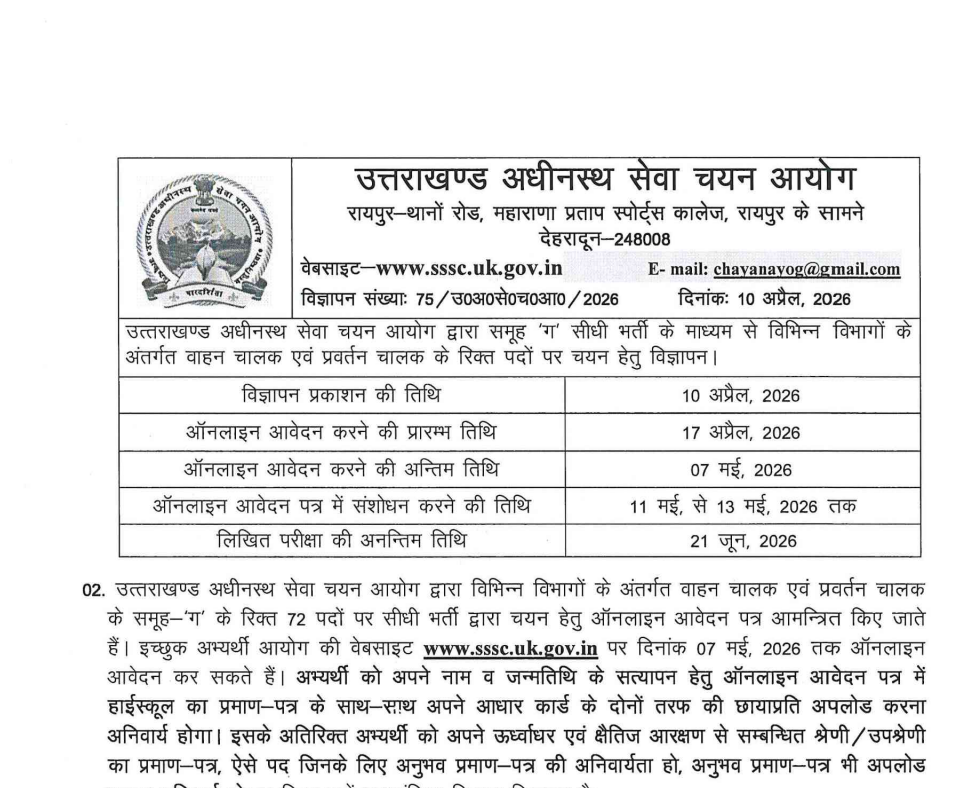 UKSSSC Driver Recruitment 2026