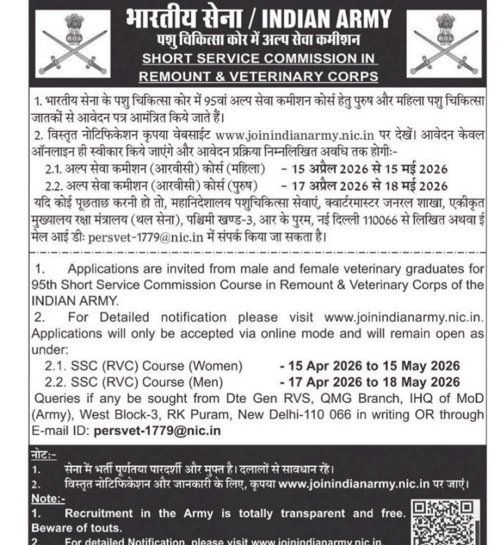 Indian Army 95th SSC RVC Recruitment 2026