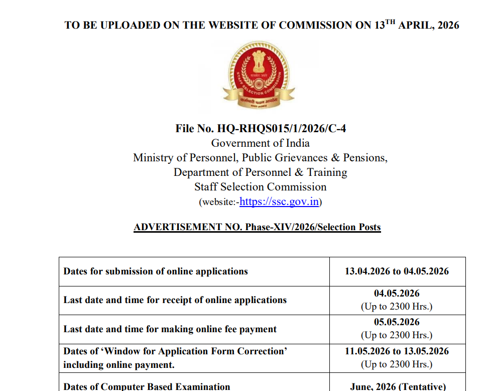 SSC Selection Post Phase 14 Recruitment 2026
