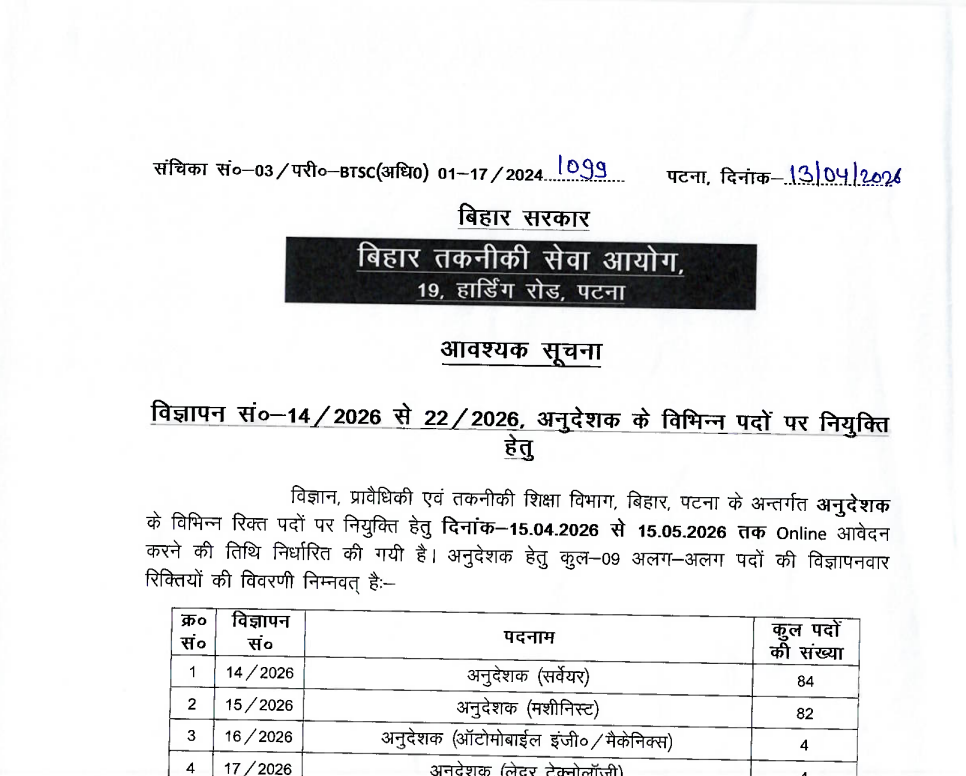 Bihar BTSC Instructor Recruitment 2026
