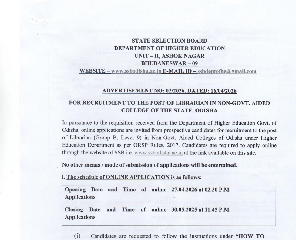 SSB Odisha Librarian Recruitment 2026