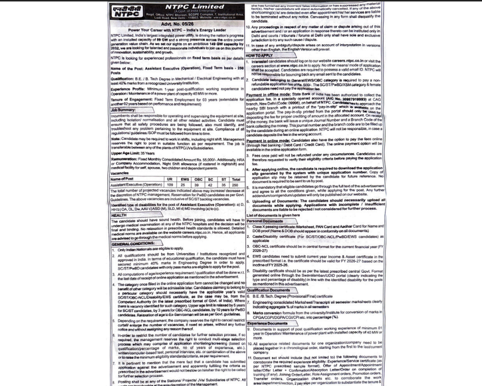 NTPC Assistant Executive Recruitment 2026