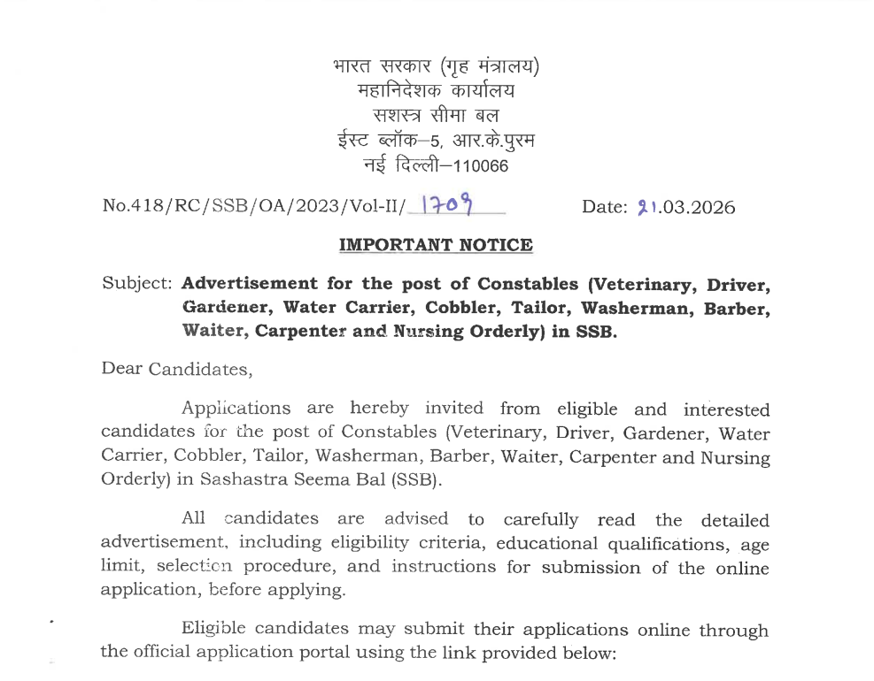 SSB Constable Driver Recruitment 2026