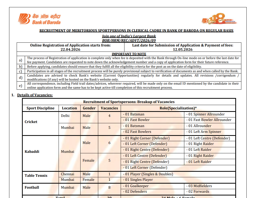 BOB Sports Quota Recruitment 2026