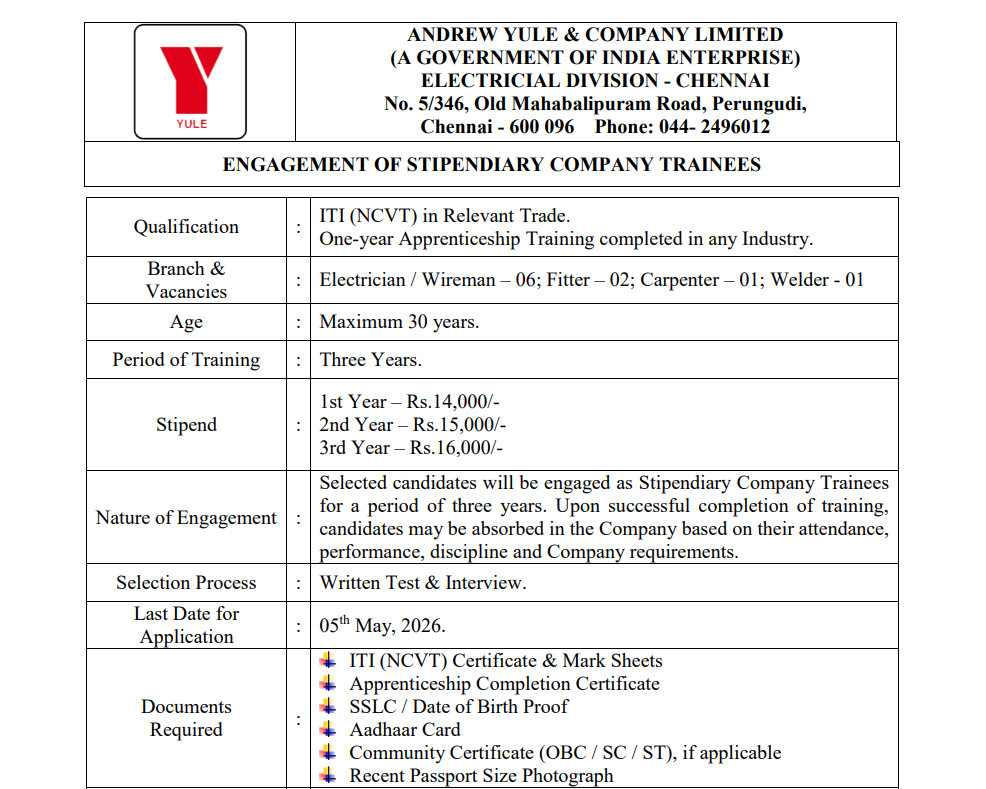 AYCL Stipendiary Company Trainee Recruitment 2026