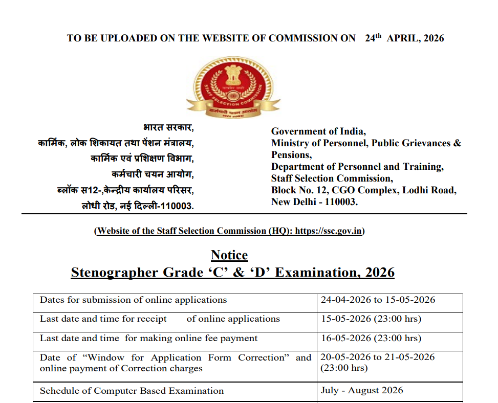 SSC Stenographer Recruitment 2026