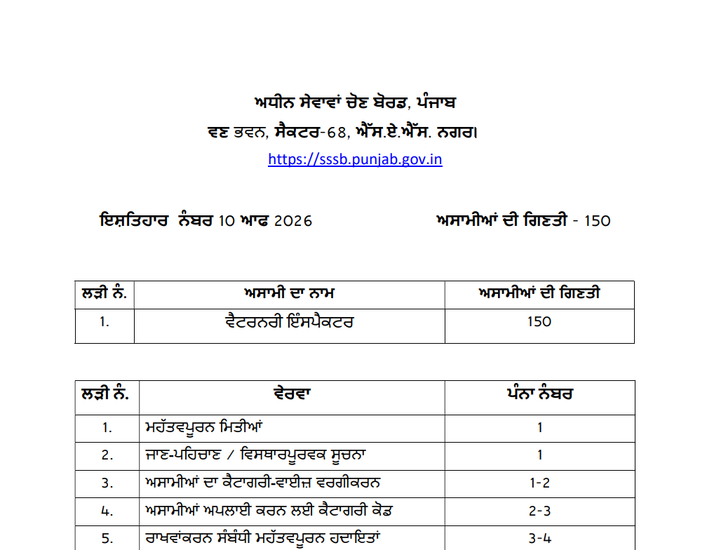 PSSSB Veterinary Inspector Recruitment 2026