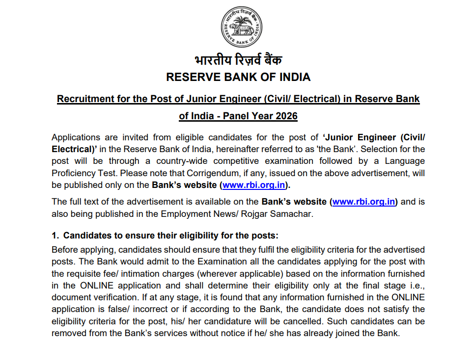 Official Notification RBI Junior Engineer JE Bharti 2026