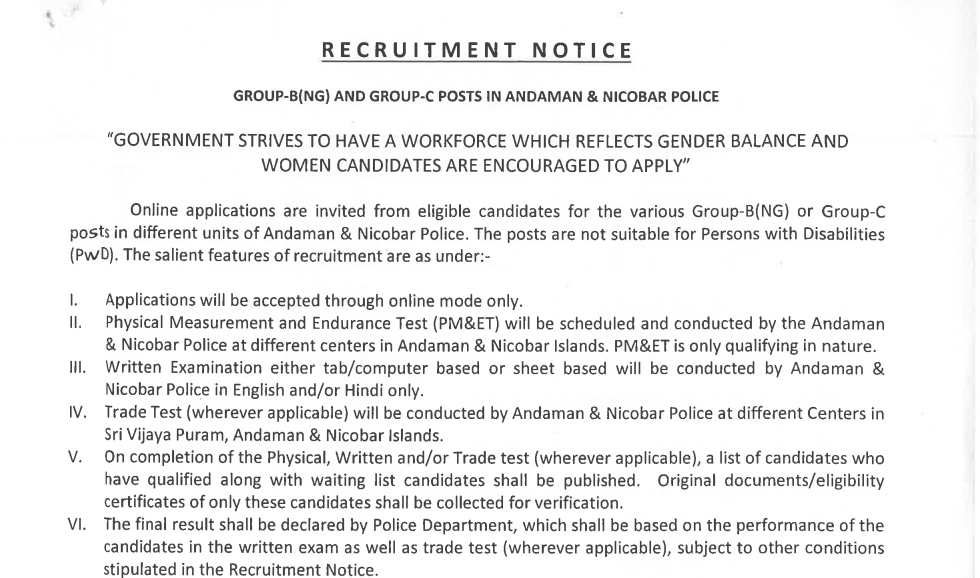 Offcial Notification Andaman & Nicobar Police Recruitment 2026
