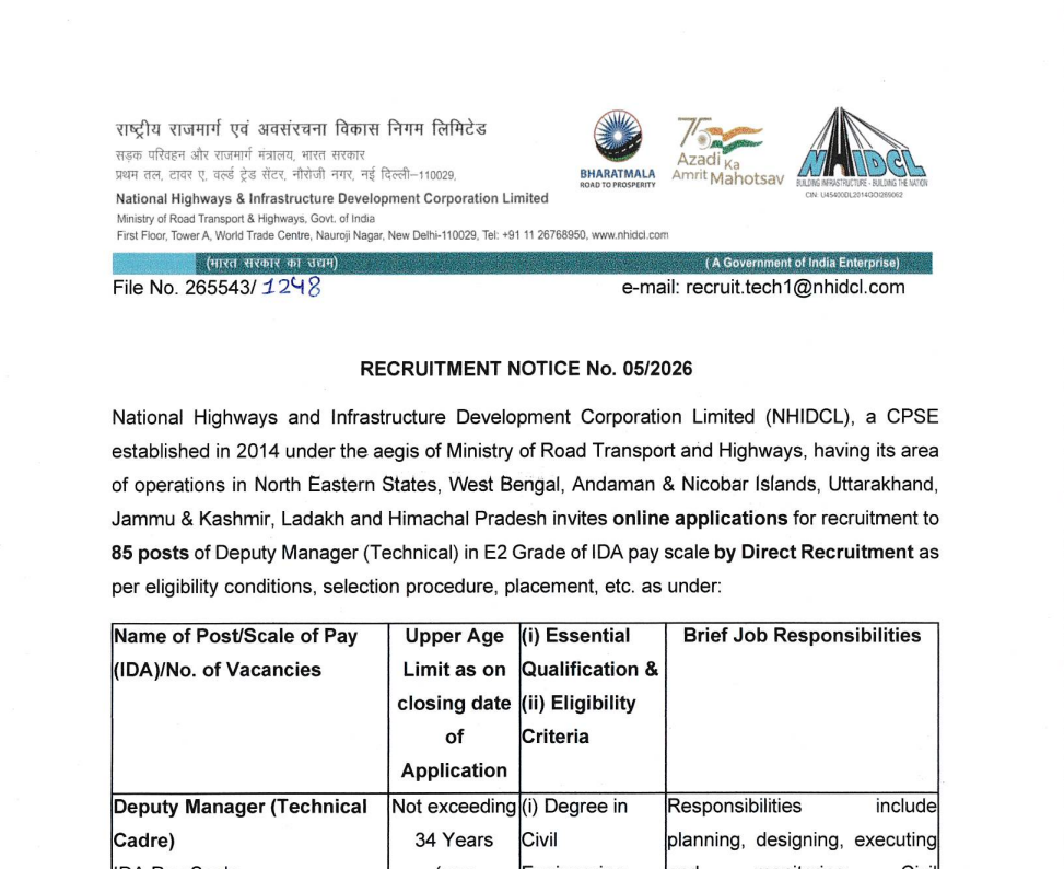 NHIDCL Deputy Manager Recruitment 2026