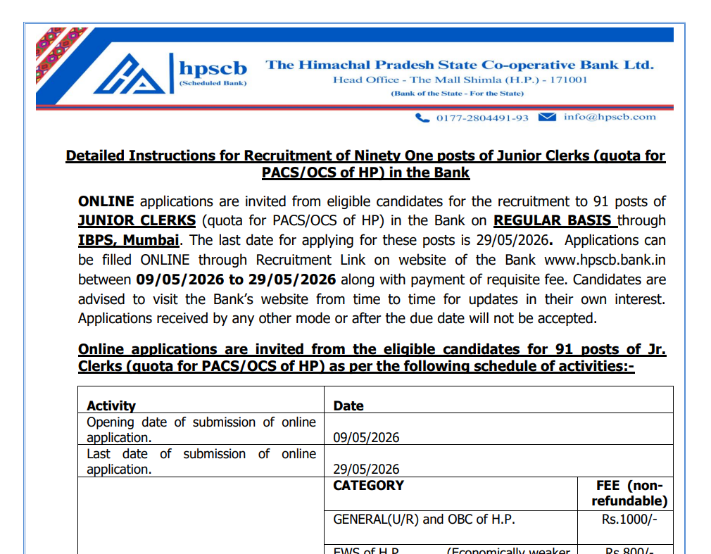 HPSCB Junior Clerk Recruitment 2026