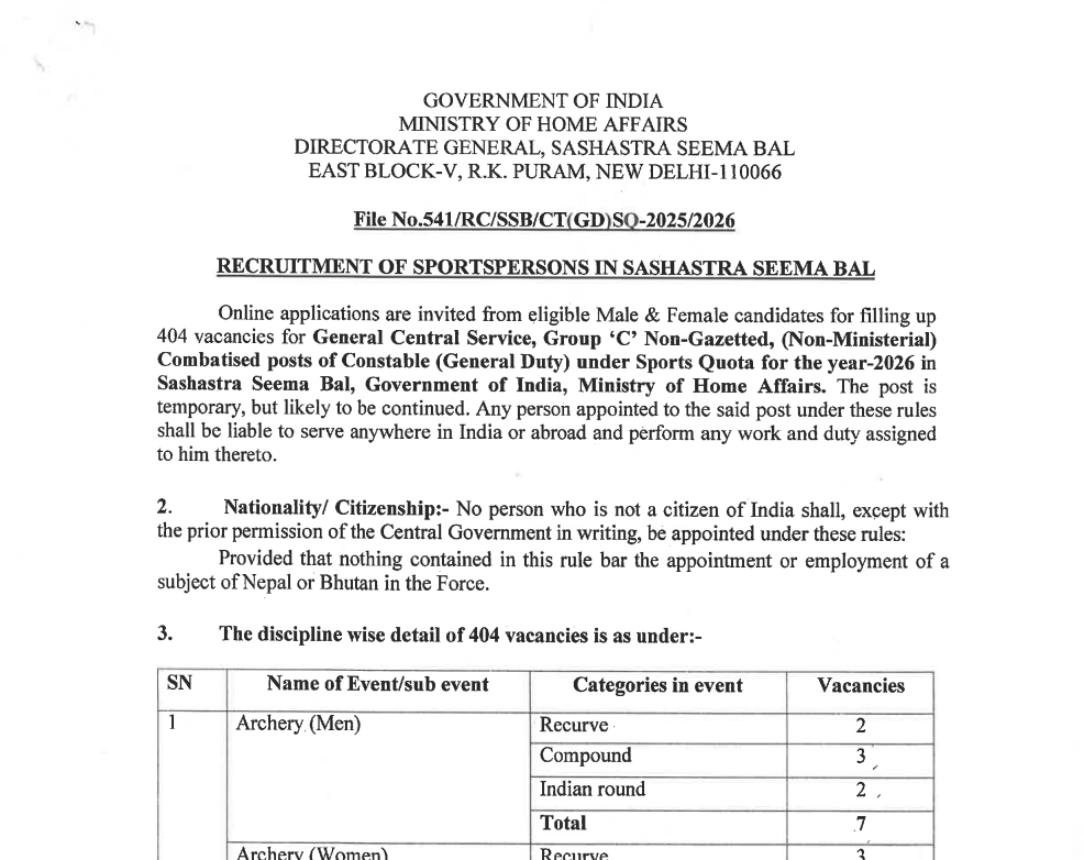 SSB Sports Quota Recruitment 2026