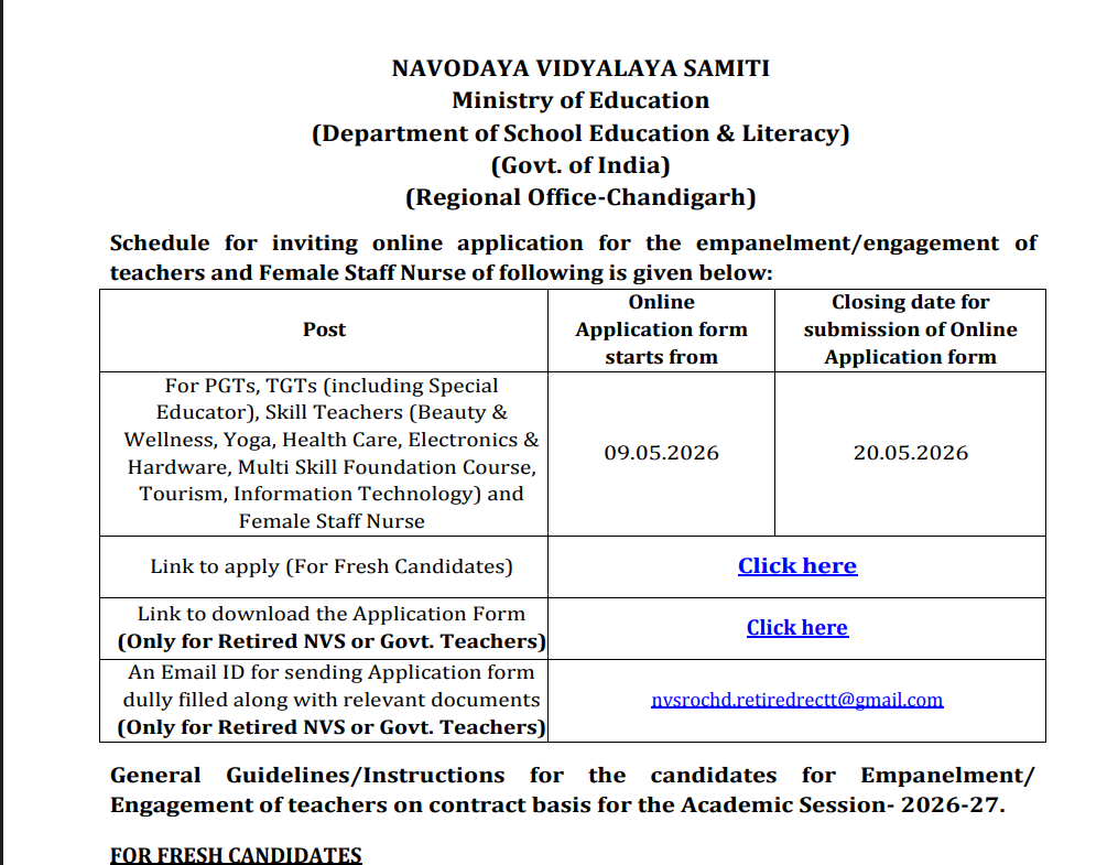 NVS Chandigarh Recruitment 2026