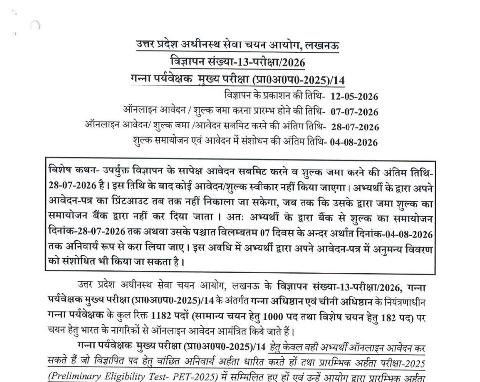UPSSSC Ganna Paryavekshak Bharti 2026