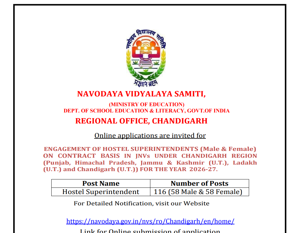NVS Chandigarh Hostel Superintendent Recruitment 2026