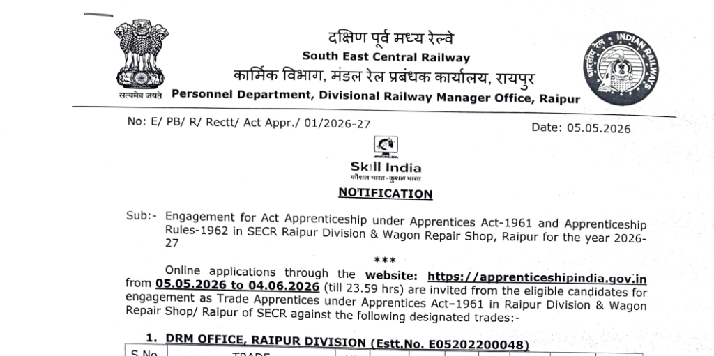 Official Notification SECR Raipur Apprentice Recruitment 2026