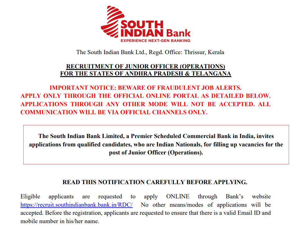 Official Notification South Indian Bank Junior Officer Recruitment 2026