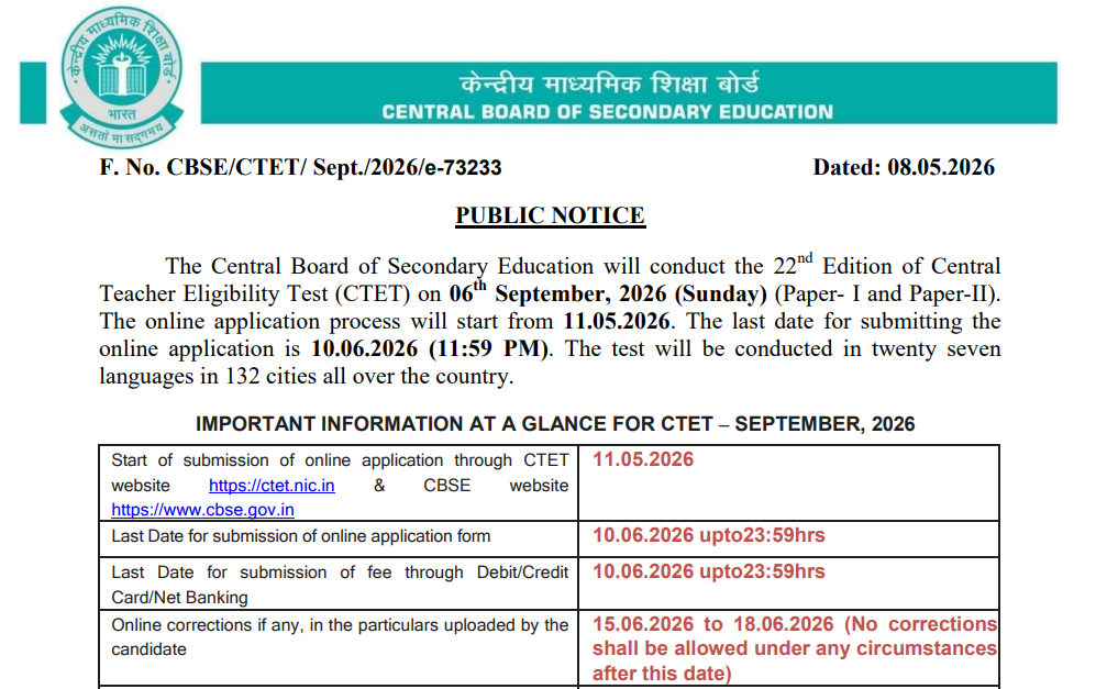 Official Notification CTET September 2026