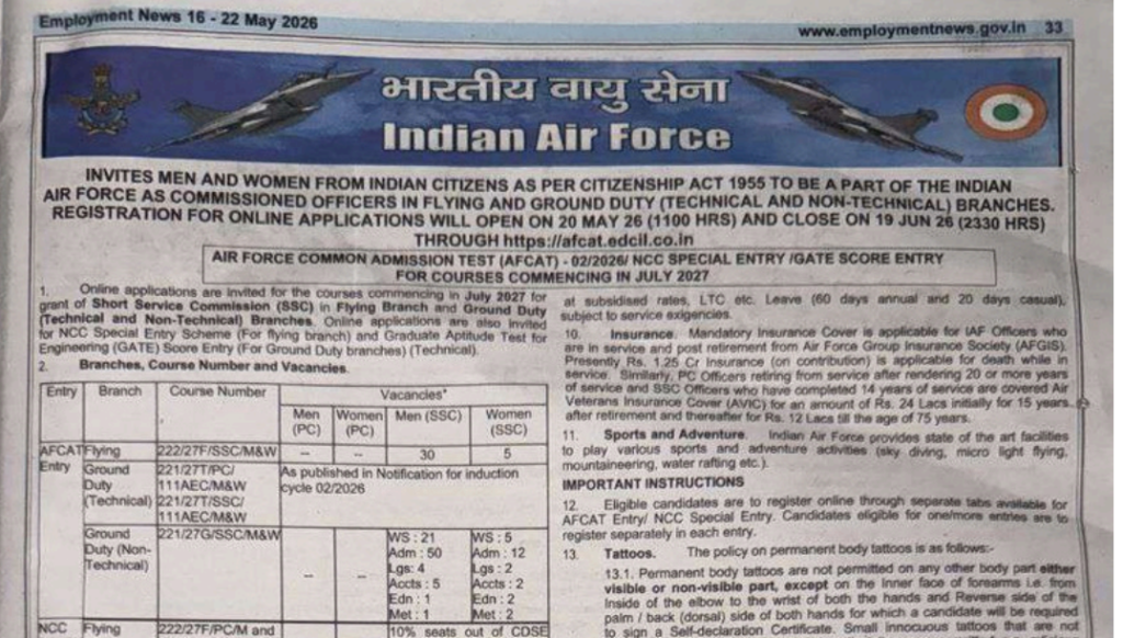 Indian Air Force AFCAT Recruitment Employment News Notification PDF