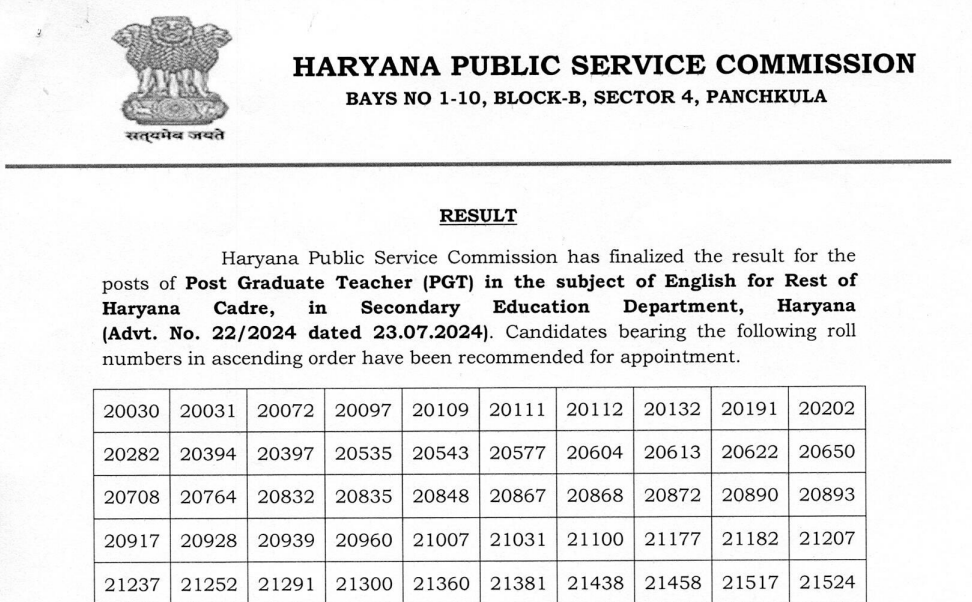 Official Pdf HPSC PGT English Final Result 2026 Sample