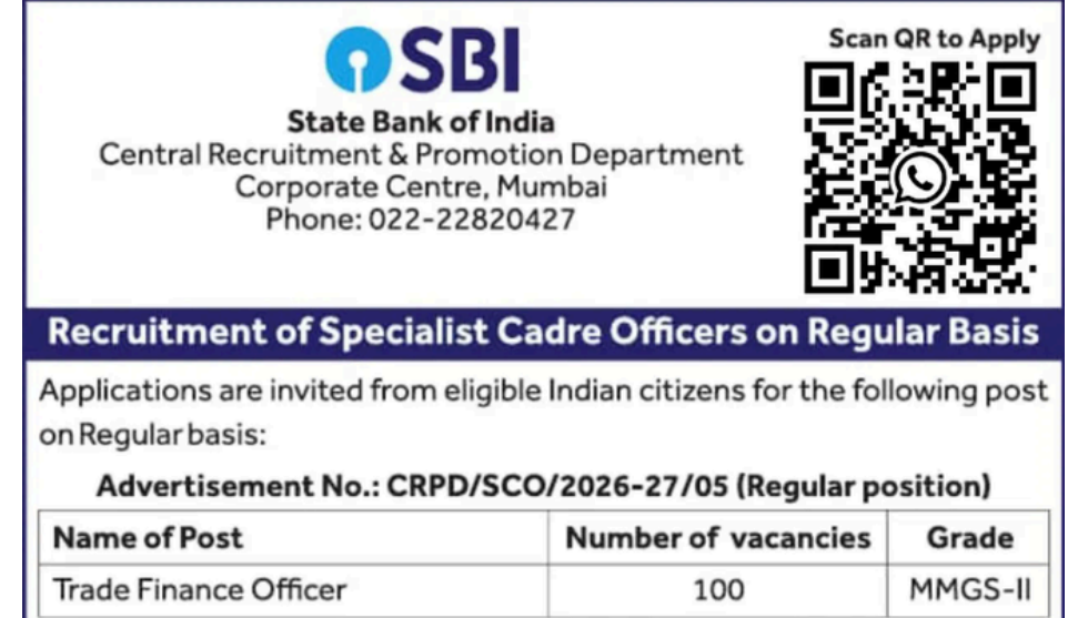 SBI Trade Finance Officer Recruitment 2026 Offcial Notice