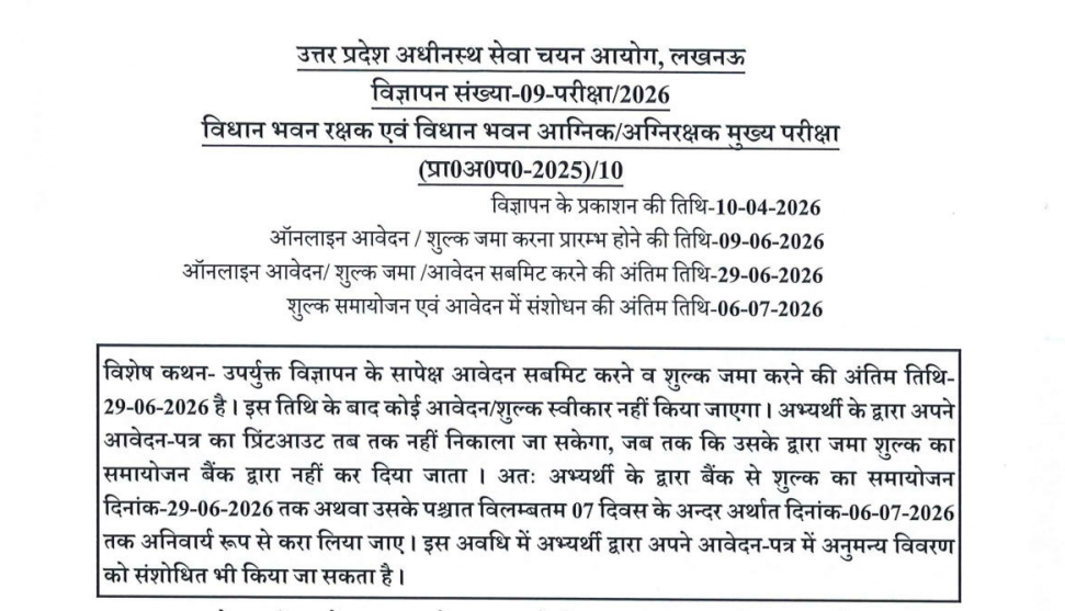 Official Notification UPSSSC Vidhan Bhawan Guard Recruitment 2026