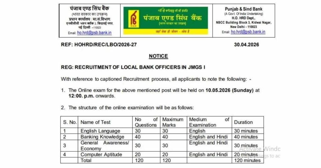 Punjab and Sind Bank LBO Admit Card 2026