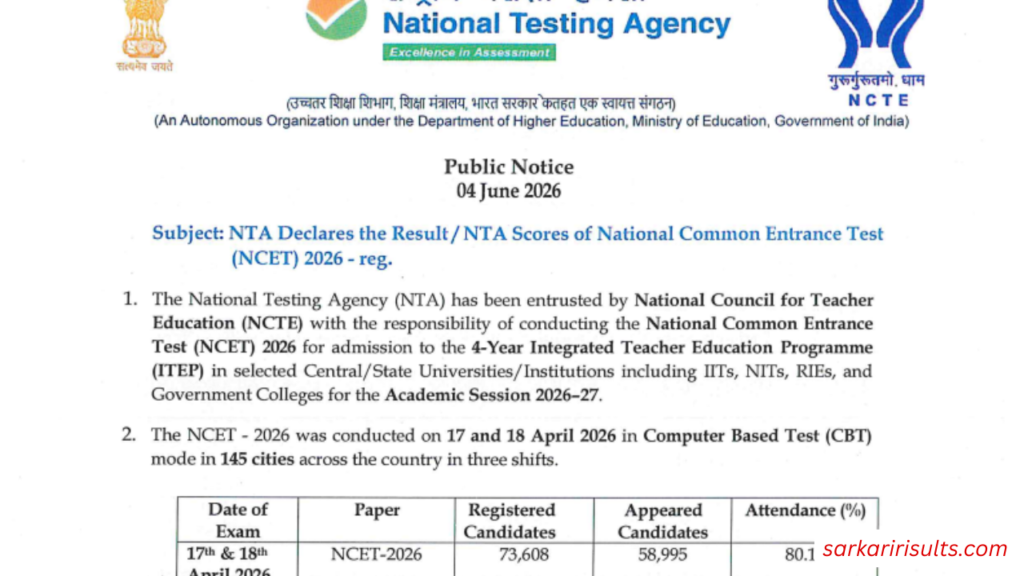 NCET result date 2026