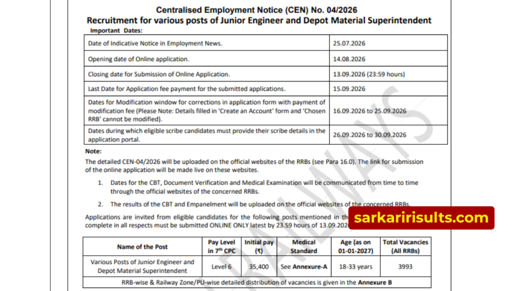 RRB JE 2026-27 Notification