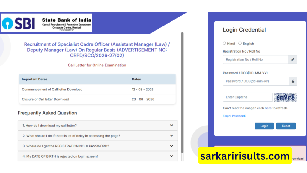 Sbi assistant deputy manager law admit card 2026 download